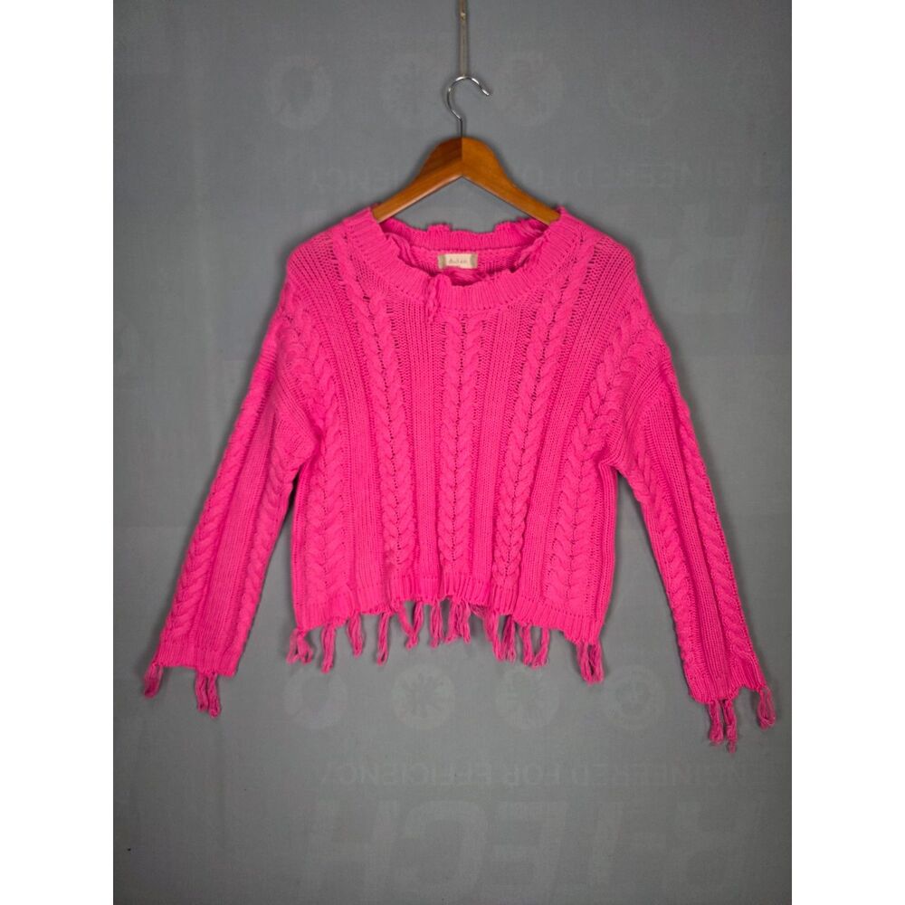 Altar'd State Hot Pink Fisherman Knit Sweater XS Barbiecore Winter Chunky Fringe